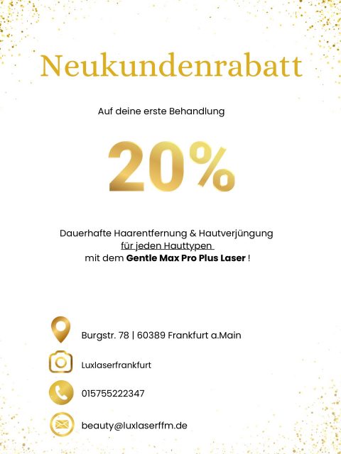 🎉 20 % Neukundenrabatt – jetzt dauerhaft!
Als Neukunde erhältst du ab sofort immer 20 % Rabatt auf deine erste Behandlung.
Dein Vorteil, dauerhaft für dich da!